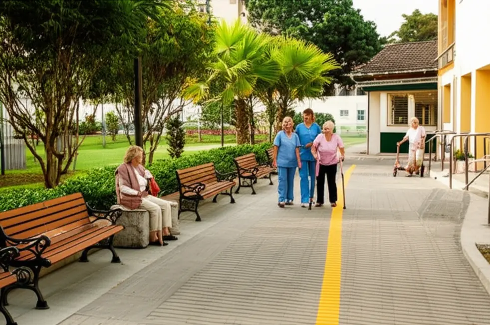 Jardim de casa de repouso com caminhos acessíveis, piso tátil e idosos acompanhados por cuidadores