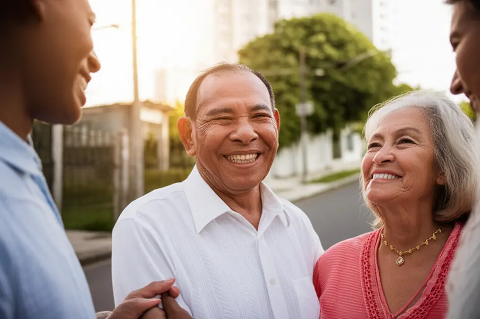 Idosos sorrindo com membro da família segurando suas mãos em ambiente residencial acolhedor