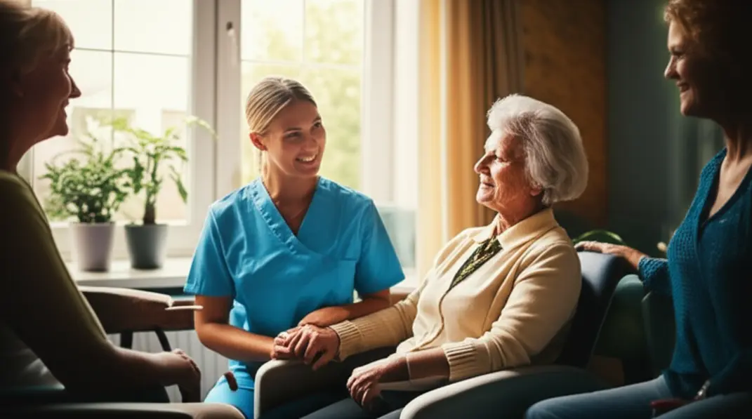 Idoso sentado junto à janela com cuidador e familiar ao lado, em ambiente de casa de repouso acolhedora.
