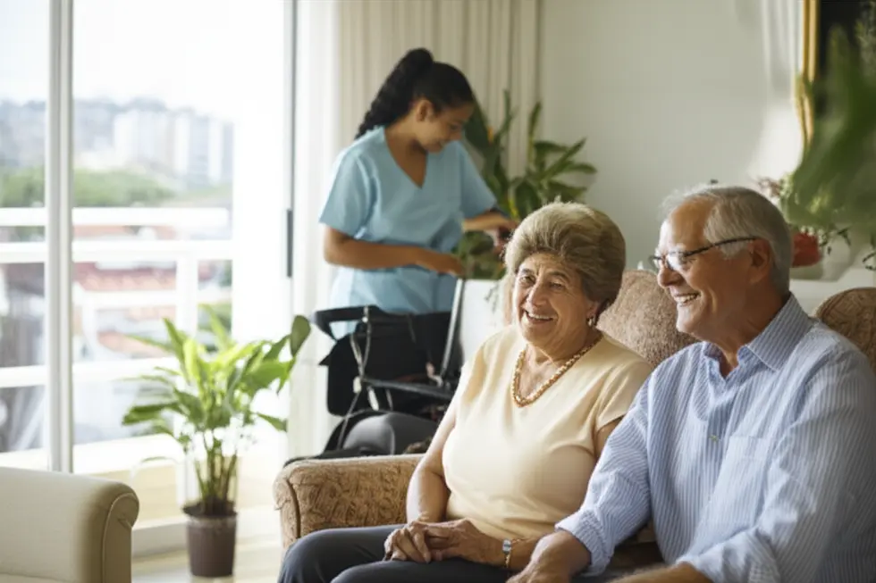 Casal idoso sentado em poltrona em sala ensolarada de casa de repouso com cuidador ao fundo